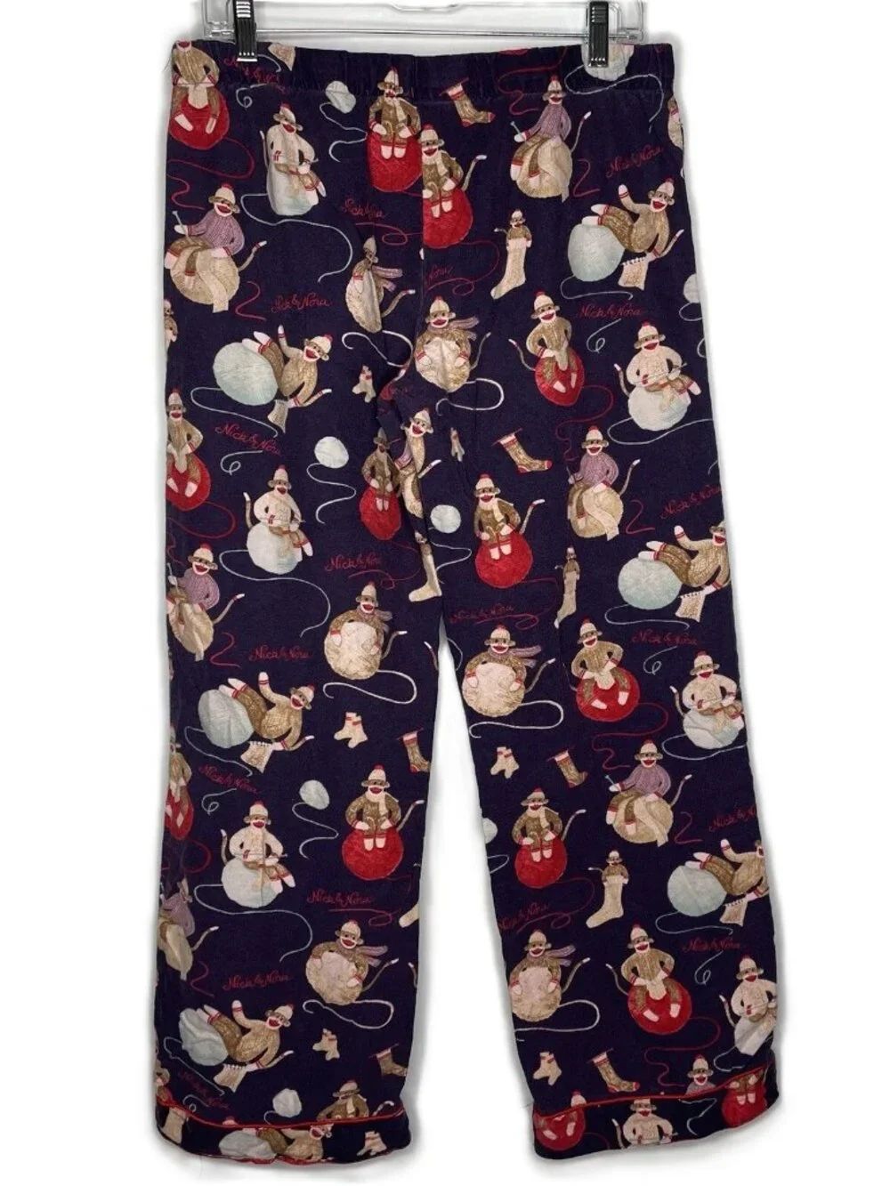 Nick & Nora Purple Flannel Pajama Lounge Pants Size S Sock Monkeys Knitting Yarn